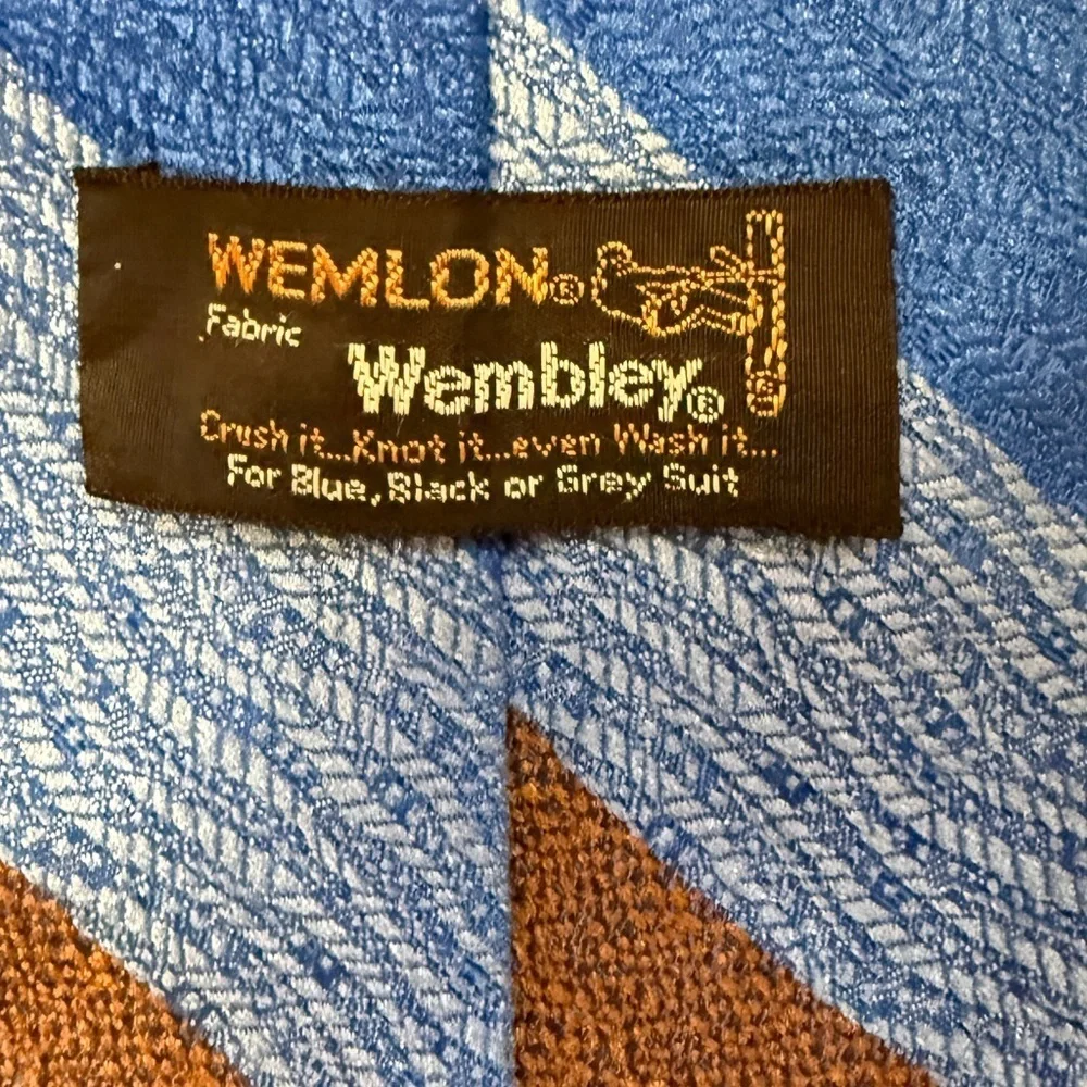 Wembley Blue and Brown Textured WEMLON Fabric Wide Tie Vintage 60's 70s